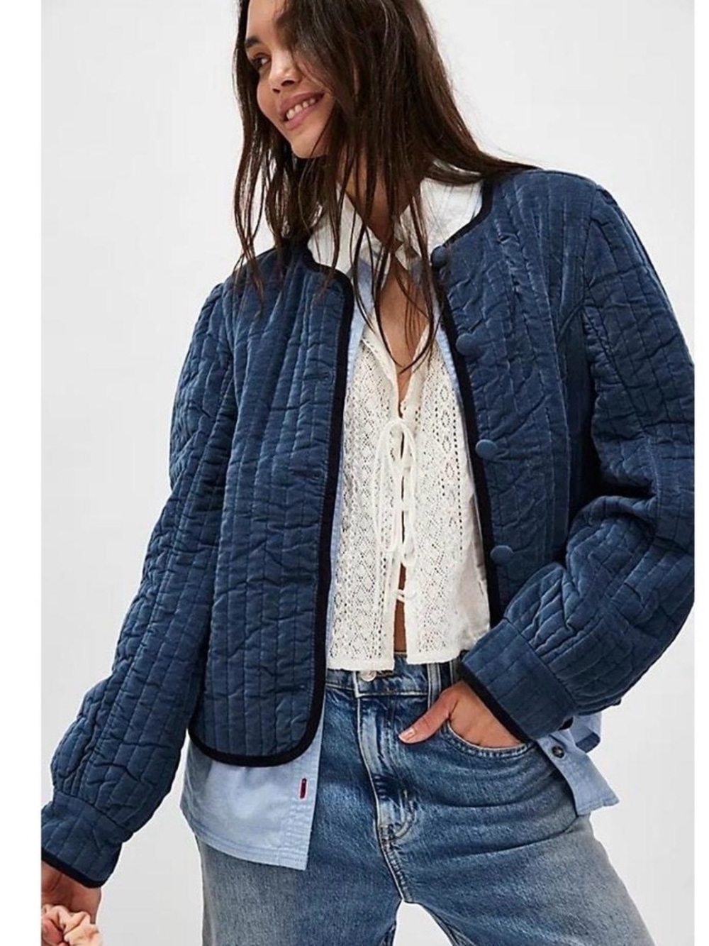 Free People Quilted Navy Bomber Jacket